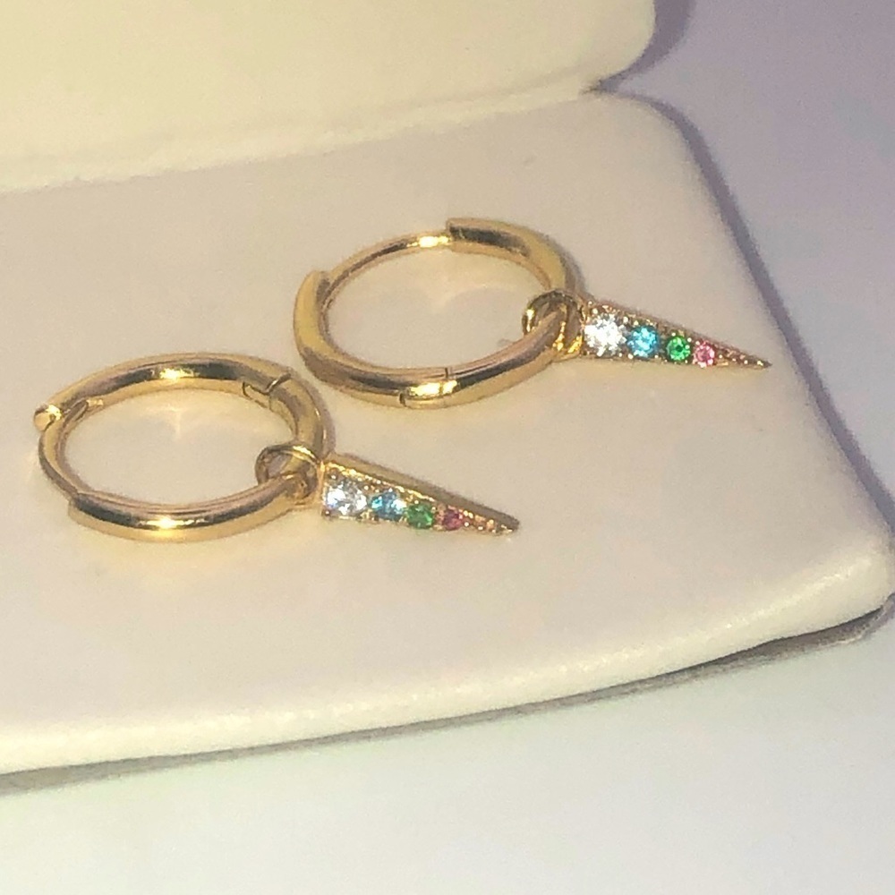 STERLING Silver Gold Tone Mini Huggie Hoop Earrings w Triangle Cz Drop .5” + .4”